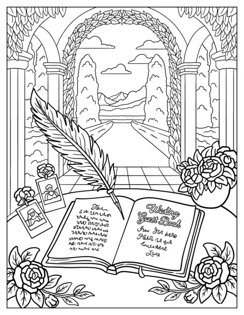 Guest Book Signing Scene at Outdoor Wedding Coloring Page
