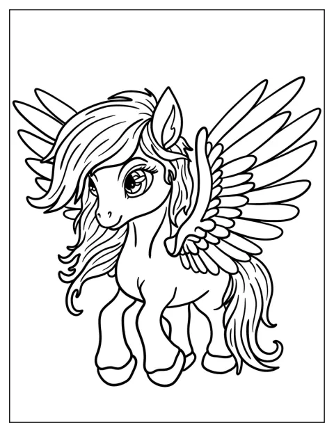 Un Pegaso in stile chibi posa con un’espressione vivace.
