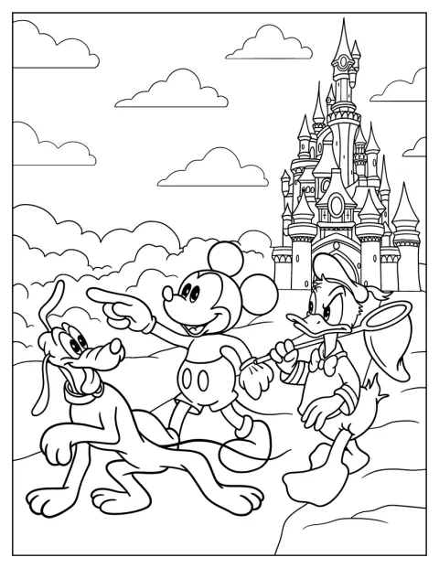 Mickey Mouse And Donald Duck With Pluto Coloring Page Outside Disney Castle