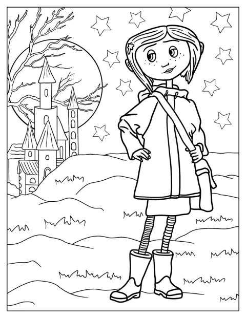 Coraline éjszaka a szabadban áll.