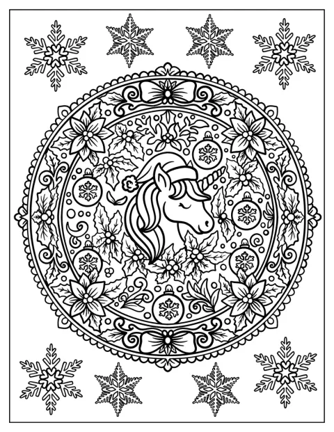 Um unicórnio ornamentado ocupa o centro de uma mandala com flocos de neve.
