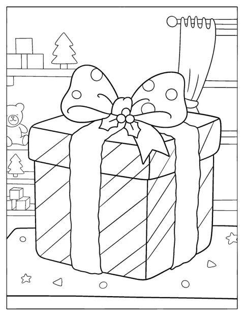 Een groot cadeau is versierd met een strik van hulst.