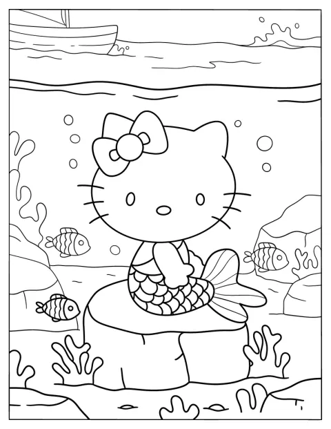 人魚姿のハローキティが海辺の岩で休んでいます。