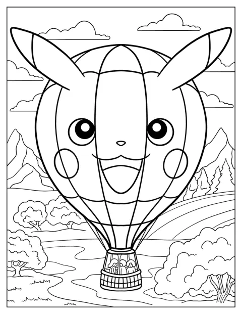Pikachu vola in mongolfiera sopra un paesaggio pittoresco.
