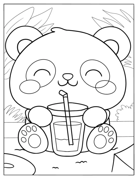 Een babypanda nipt van een drankje uit een beker.