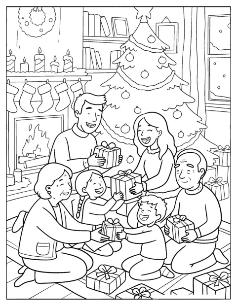 En familj öppnar julklappar tillsammans framför den sprakande brasan.