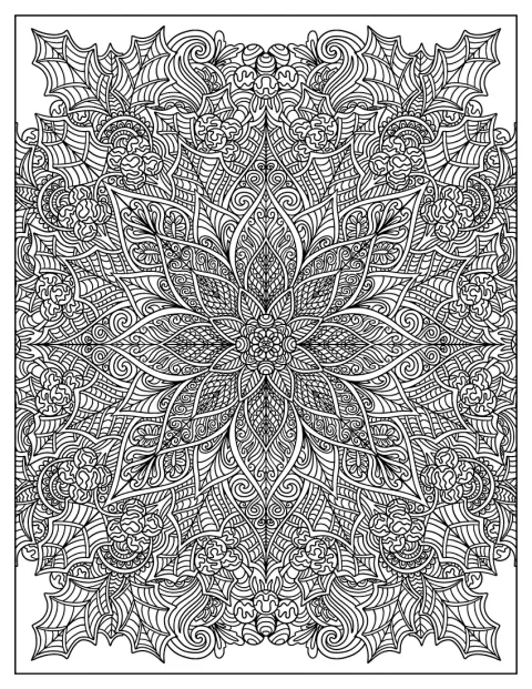 Un mandala détaillé mêle fleurs de Noël, feuilles et motifs symétriques.