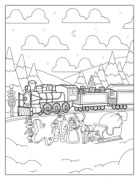 Christmas Themed Train With Santa To Color