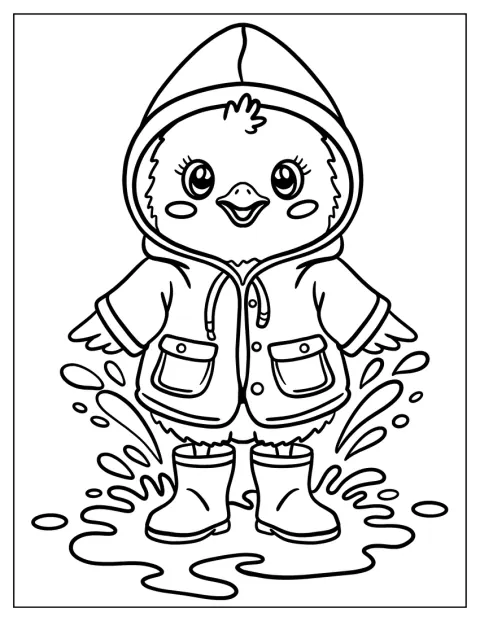 雨合羽を着たひよこが、水たまりで跳ねています。