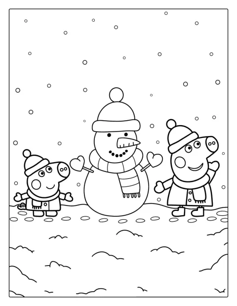 Peppa og George står ved en snømann om vinteren.