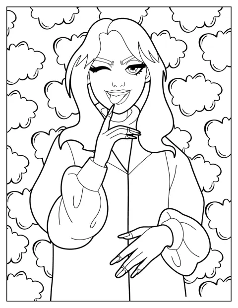 Billie Eilish aparece en versión de dibujos animados y guiña un ojo.