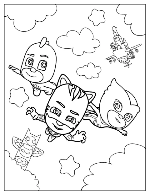 Catboy, Gekko och Owlette flyger tillsammans över himlen.