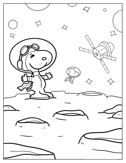 Snoopy w skafandrze astronauty unosi się wśród gwiazd, a w tle widać satelitę.