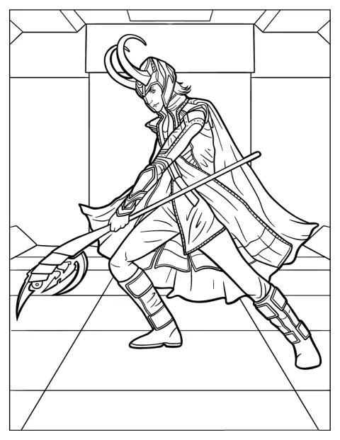 Loki draagt zijn helm en houdt een scepter vast.