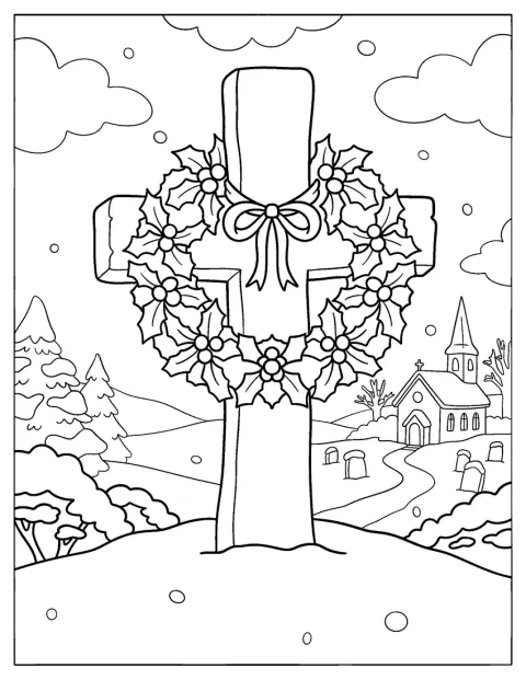 Une croix ornée de houx surplombe un village enneigé et son église.