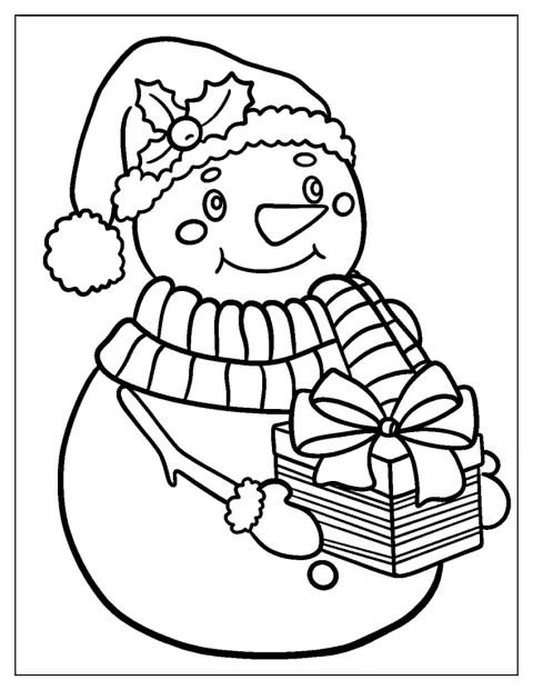 Een sneeuwpop houdt een ingepakt kerstcadeau vast.