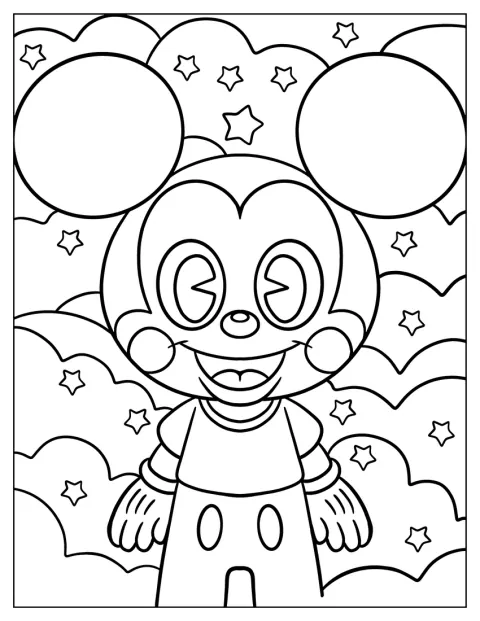 Baby Mickey Mouse svæver under en stjerneklar himmel.
