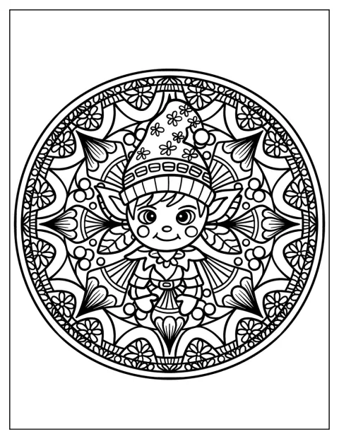 A kedves manó összekuporodva ül a karácsonyi mandala közepén.