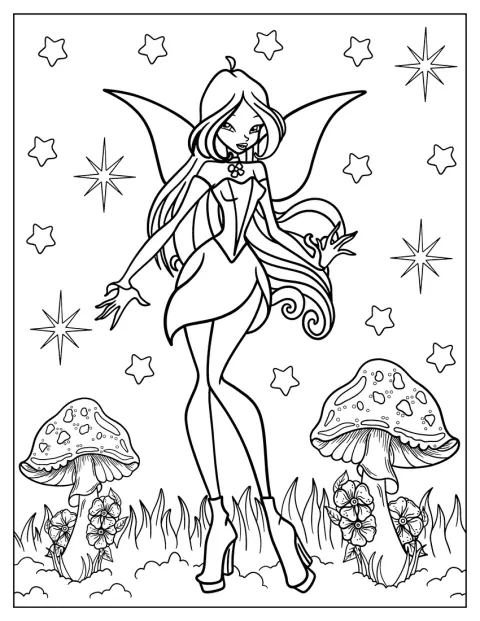 Flora, convertida en hada, aparece junto a setas y estrellas.