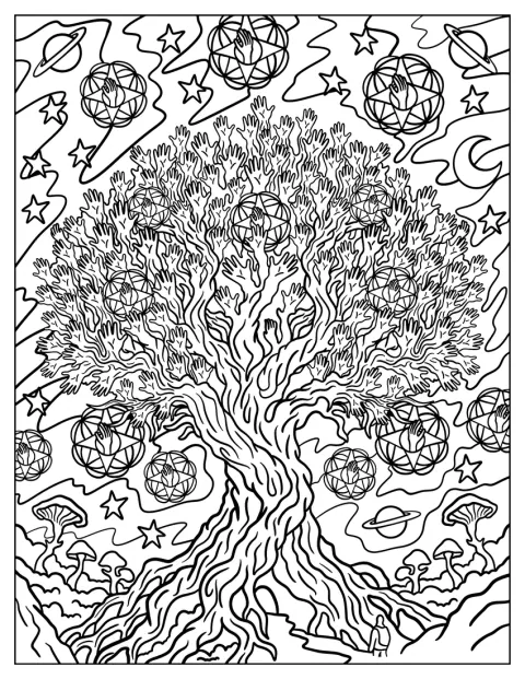たくさんの手が絡み合い、大きな木の形を作っています。