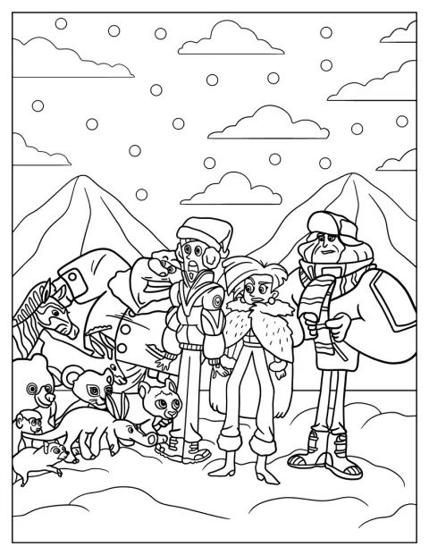 Gaston, Zach, Donita e Dabio sono con alcuni animali in un paesaggio invernale.