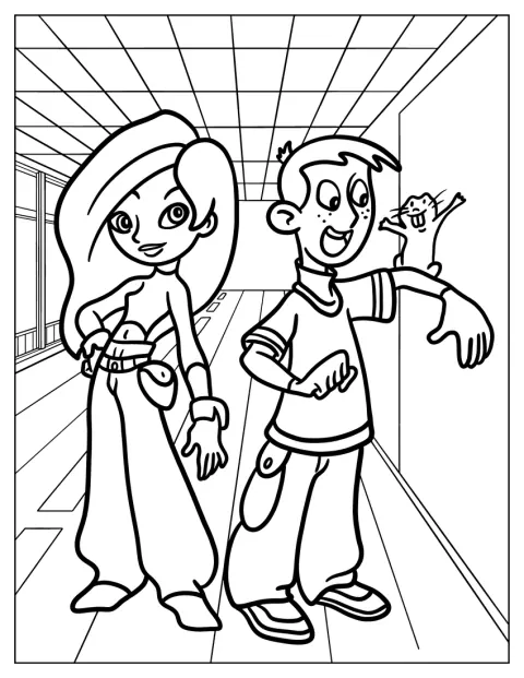 Kim Possible, Ron Stoppable und Rufus sind im niedlichen Chibi-Stil dargestellt.