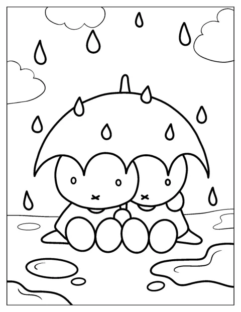 À chuva, Miffy e Melanie abrigam-se debaixo do mesmo guarda-chuva.