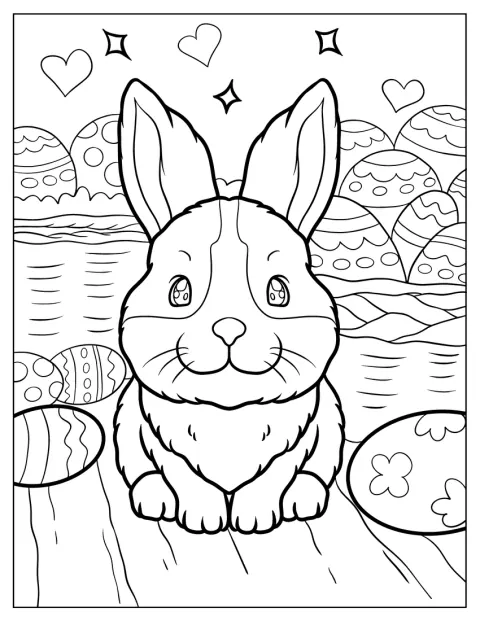 Easter Coloring Page Of Fluffy Kawaii Rabbit Surrounded By Easter Eggs