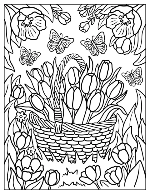 Un coș împletit plin cu lalele este înconjurat de fluturi și flori.