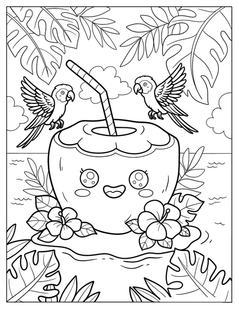Auf einer Insel steht ein niedlicher Kokosnussdrink zwischen Blumen und fliegenden Papageien.