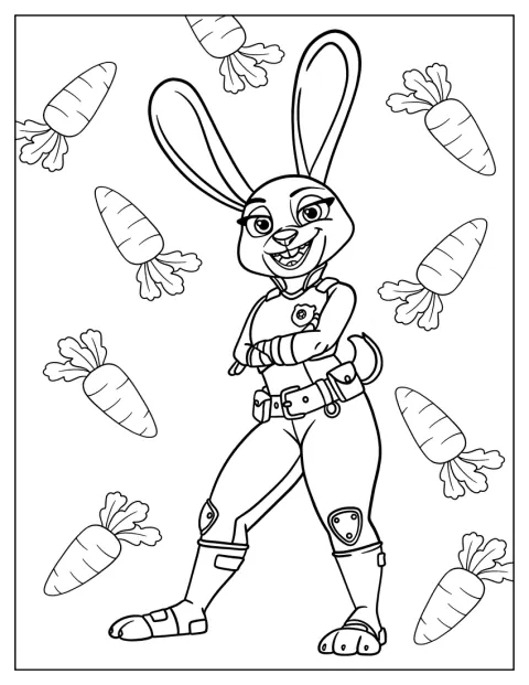 Judy Hopps aparece delante de un fondo lleno de zanahorias.