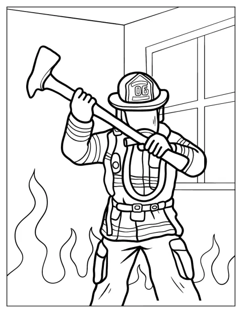 Ein Feuerwehrmann kämpft sich durch Flammen und bricht eine Tür auf.