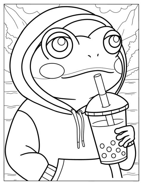 Žába v mikině popíjí bubble tea.