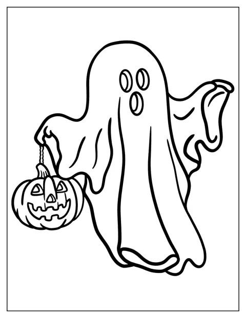 Un fantasma tiene in mano una zucca intagliata per Halloween.