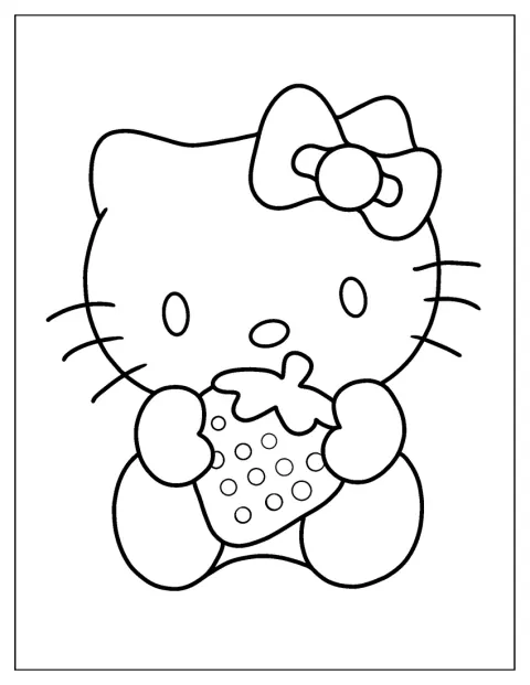Hello Kitty egy érett epret mutat a kezében.