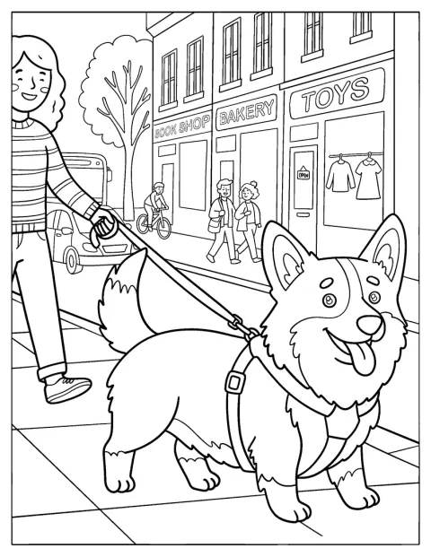 Een corgi wandelt aan de lijn door een stadsstraat.