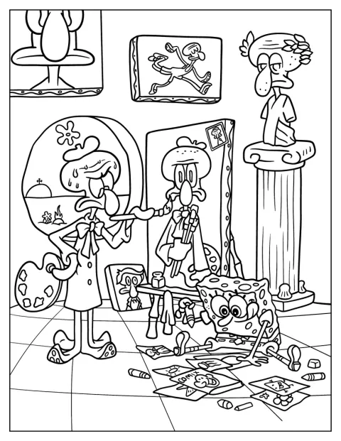 Squidward Coloring Page And SpongeBob Painting Self Portraits