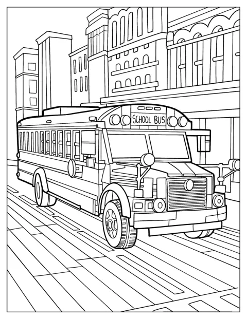 Ein realistischer Schulbus fährt durch eine belebte Innenstadt.