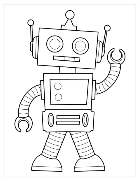 Un petit robot jouet se tient debout dans un style enfantin.