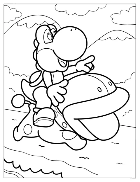 Yoshi chevauche Poochy dans une joyeuse scène d’aventure.