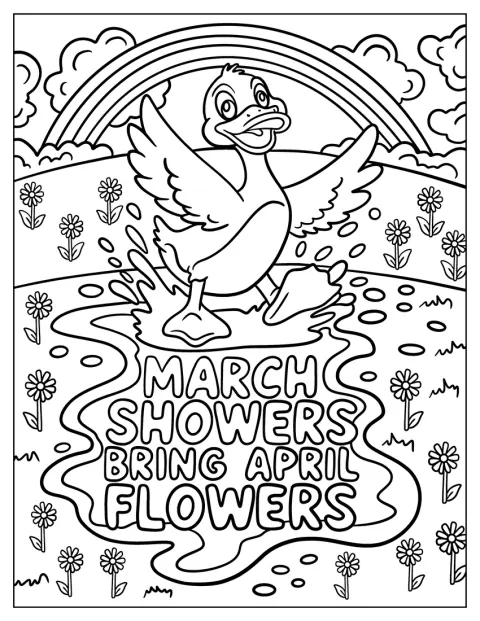 Un pato juega con el agua en un charco bajo el mensaje «Marzo lluvioso trae flores de abril».
