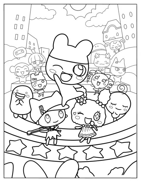 Mametchi, Lovelin, Chamametchi, Kuchipatchi e altri amici posano insieme.