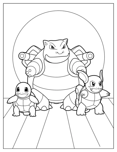 Squirtle visas tillsammans med sina utvecklingar Wartortle och Blastoise.