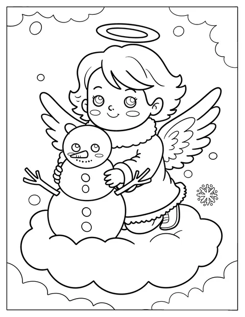Um anjo constrói um boneco de neve numa nuvem, entre flocos de neve.