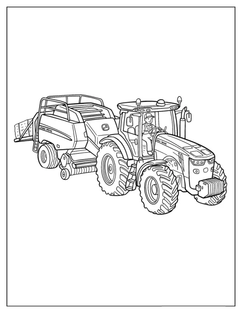 Ciągnik John Deere ciągnie prasę zwijającą na polu.