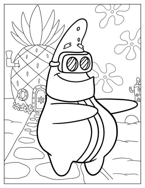 Patrick Étoile de mer porte une combinaison une pièce et des lunettes.
