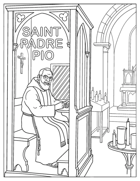 San Padre Pio si trova nel confessionale di una chiesa.