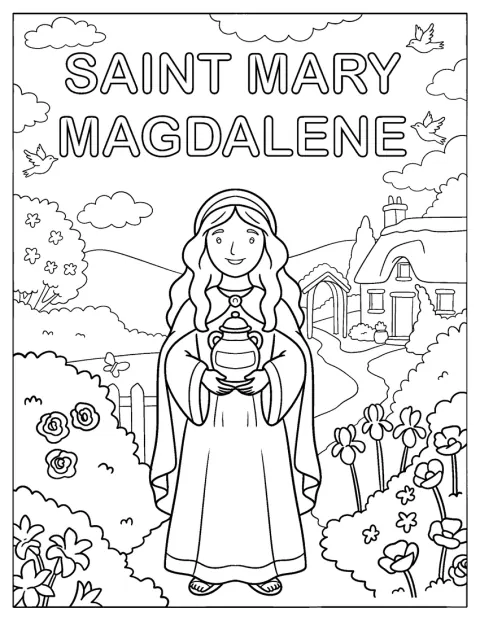 Maria Magdalena staat in een tuin met een kruik.