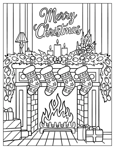 Una guirnalda con luces y calcetines navideños decora la chimenea.