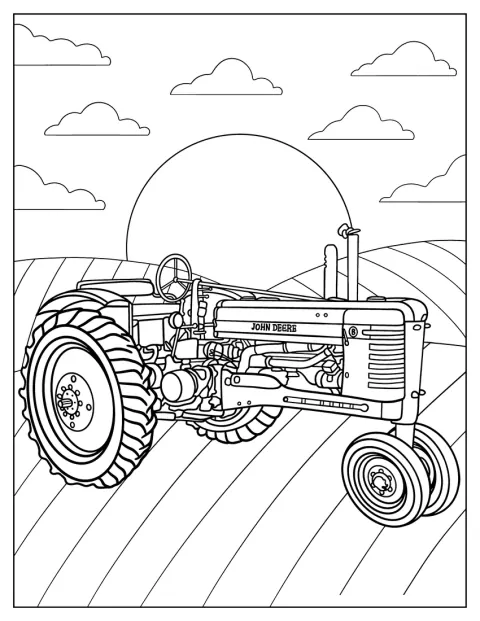 Um trator John Deere Model B é mostrado de perfil, com muitos detalhes.